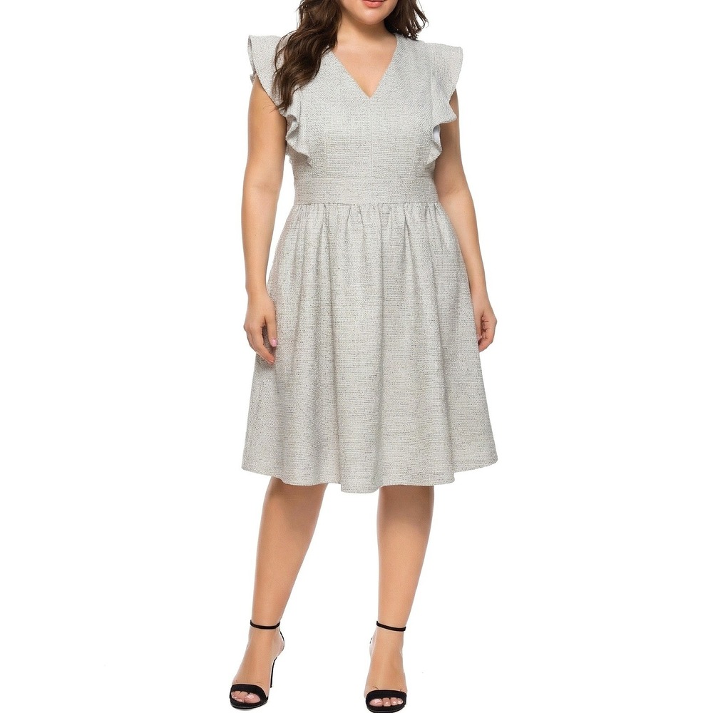 1901 Ruffle Sleeve Fit and Flare Dress Women 14 silver Grey Basketweave V-Neck